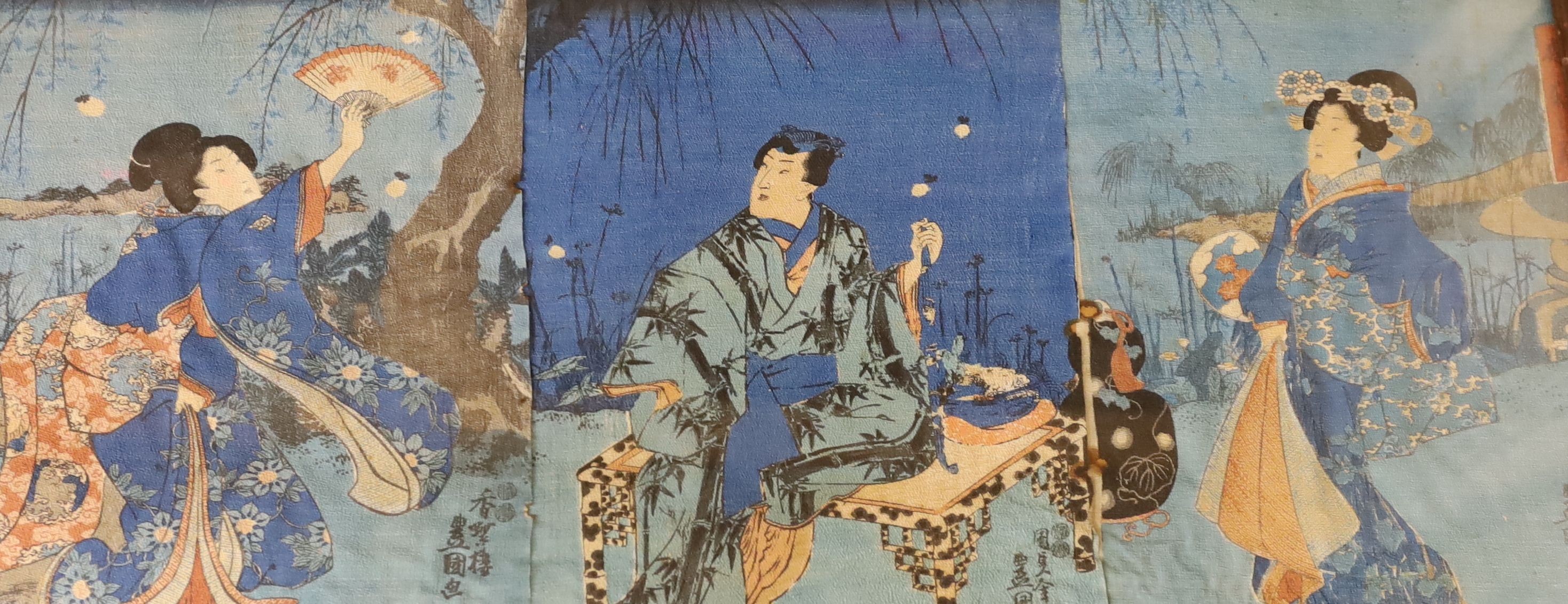 Japanese School, nine assorted woodblock prints including studies of Geisha and two triptychs, largest overall 35 x 70cm